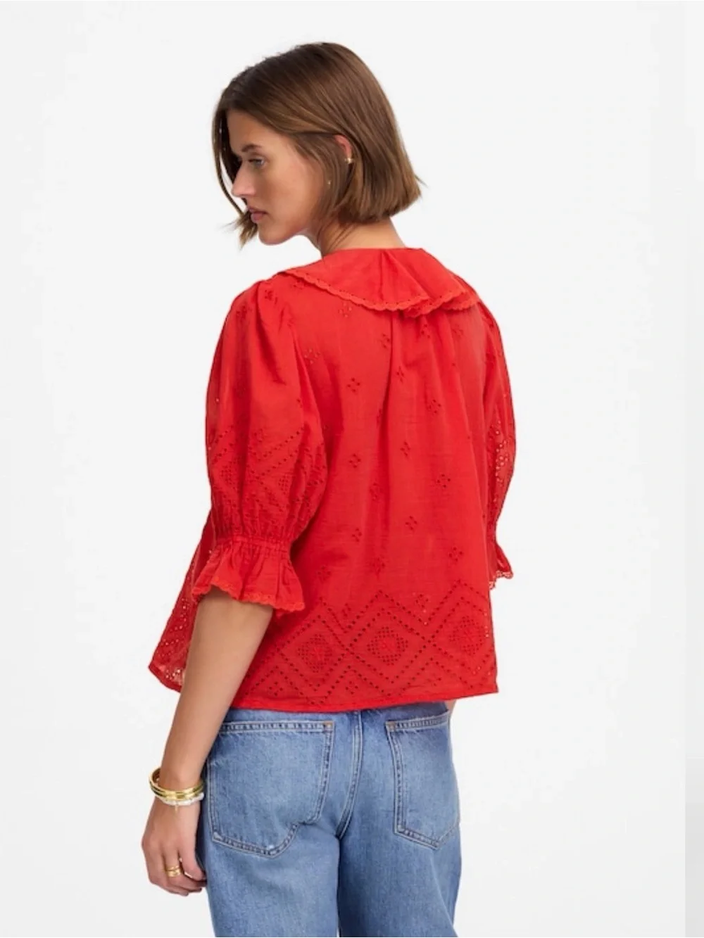 Madewell Ruffled Puff-Sleeve Top in Red Size Small